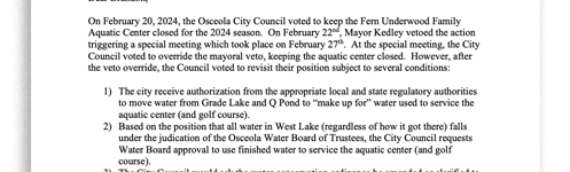 OWW OFFICIAL STATEMENT RE: FERN UNDERWOOD AQUATIC CENTER